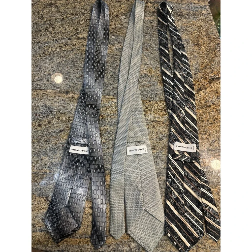 Pronto Uomo Men's 100% Silk Tie Lot of‎ 3 Multiple Patterns Gray Black Paisley